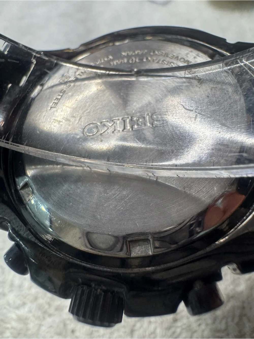 Seiko Black Dial Solar Chronograph Watch with Red Seconds Hand